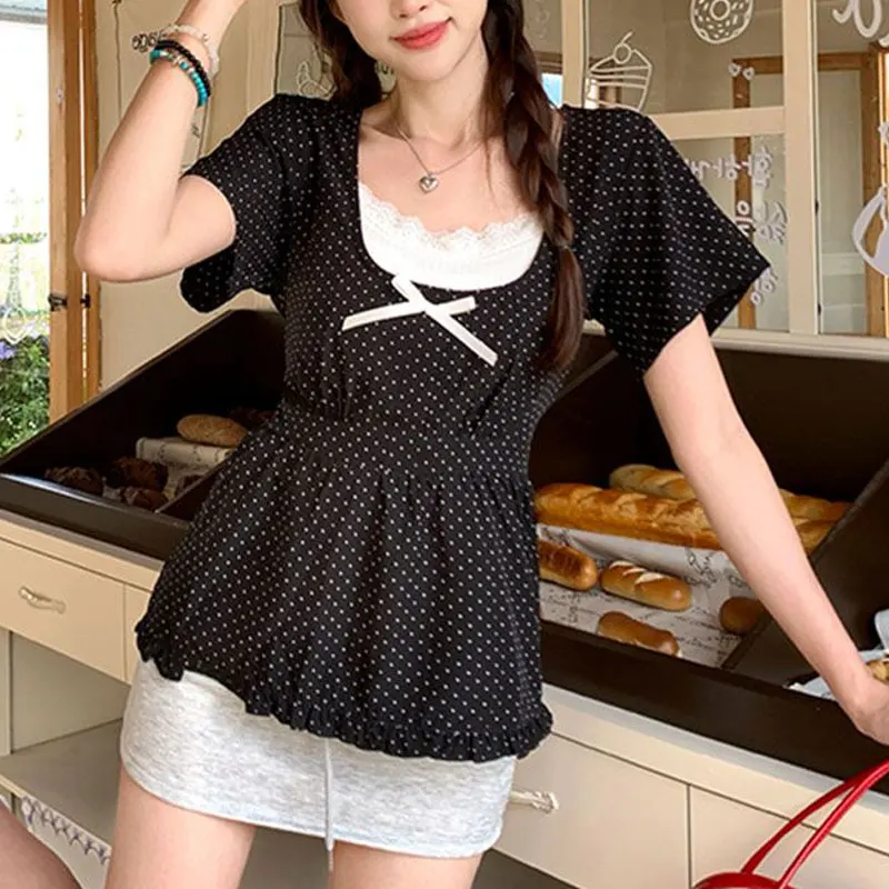 Polka Dot Stylish Bow Waist Shirts Female clothing Two Piece Set Summer New Square Collar Vintage Short Sleeve Lace Folds Blouse