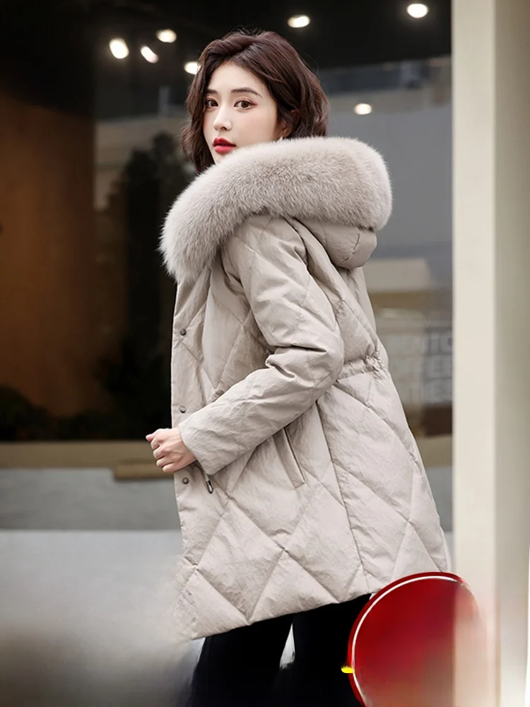 

Winter 2025 Women's Long Hooded Leather down Jaet Fur Collar plus Size eepskin Coat Sli Commute Sle Slim Fit