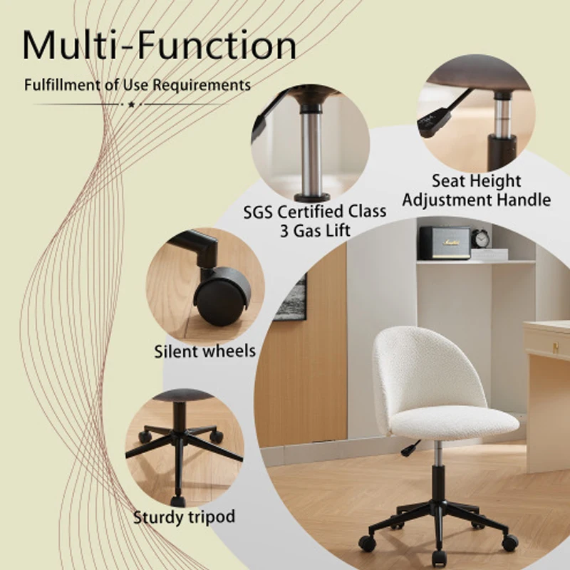 White Boucle office chair Desk Chair, Mid-Back Adjustable Swivel Computer Chair with Black Legs , Modern Upholstered Desk Chair