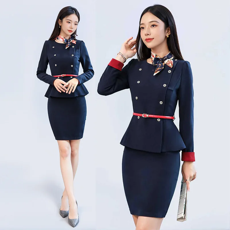 

Темно-синий женский комплект костюма2025Новая высококачественная профессиональная униформа стюардессы, рабочая одежда официанта, рабочая униформа
