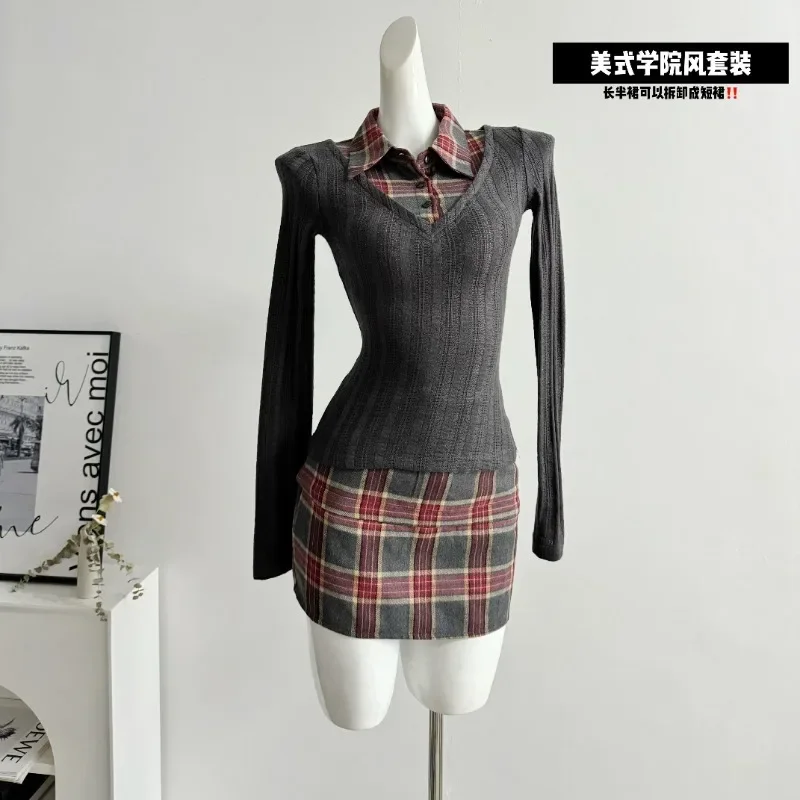 

Sweet Hot Girl College Style Suit Women's Spring Fake Two-piece Knitted Top High Waist Plaid Skirt Two-piece Set Female Clothes