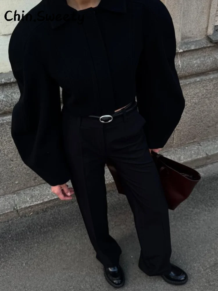 

Street Women's Puff Sleeve Cropped Jacket Loose Lapel Full Sleeve Single Breasted Zipper Coat 2025 Autumn Winter Lady Outwear