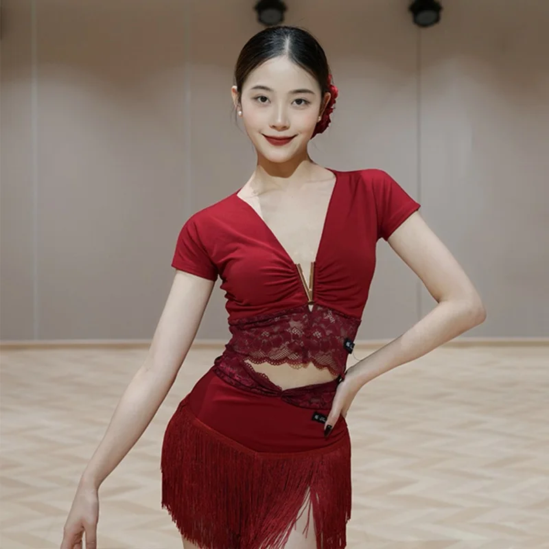 New Latin Dance Costume Women Short Sleeves Lace Blouse Tassel Skirt Cha Cha Samba Dance Practice Performance Dancewear DNV23754