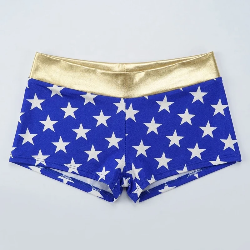 Women Star Print Mini Shorts Gold Trim A Line Low-Rise Flared Y2K Party Clubwear Cosplay Halloween Costume Bottom For Daily Wear