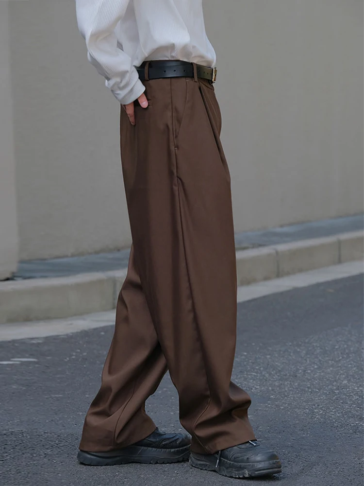 streetwear trendy mens 솔리드 컬러 바지 2025 봄 여름 패션 Pleated Loose Straight Pants 남성 캐주얼 단순 정장 바지
