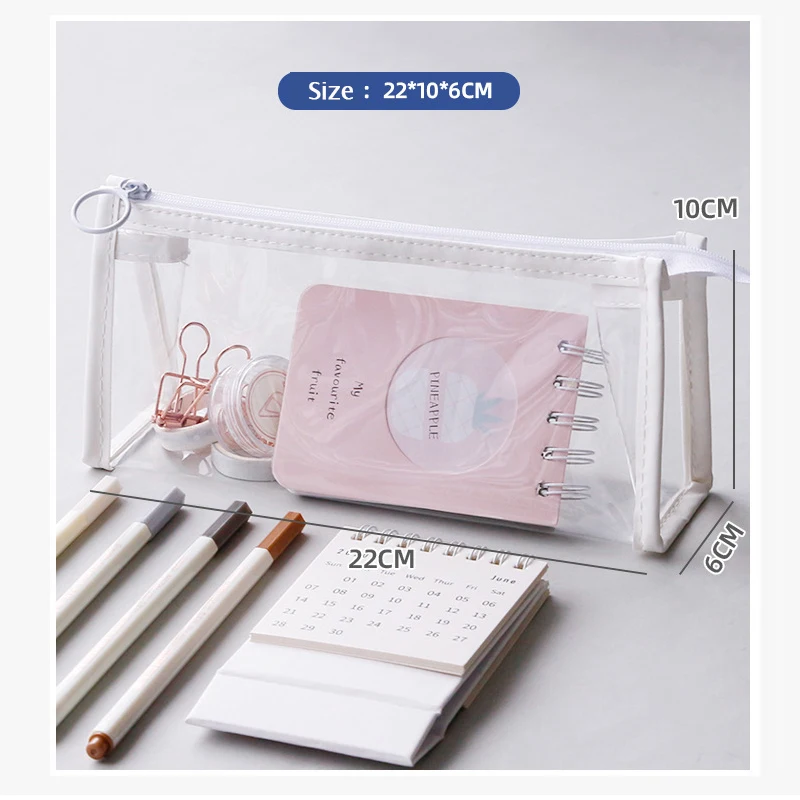 Estojo transparente de grande capacidade, bolsa simples para canetas, bolsa de cosméticos kawaii, material de escritório para estudo escolar