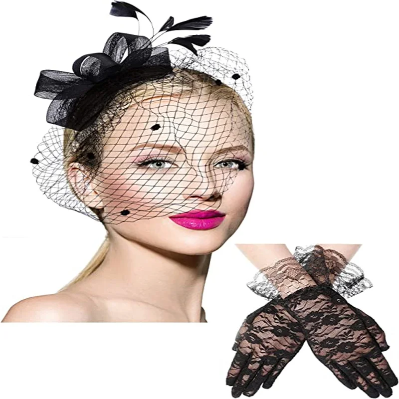 Fashion lady's Fascinator Hat Bridal Lace Glove Set Birdcage Veil Wedding Chapel Cocktail Tea Party Women Feathered Headpiece