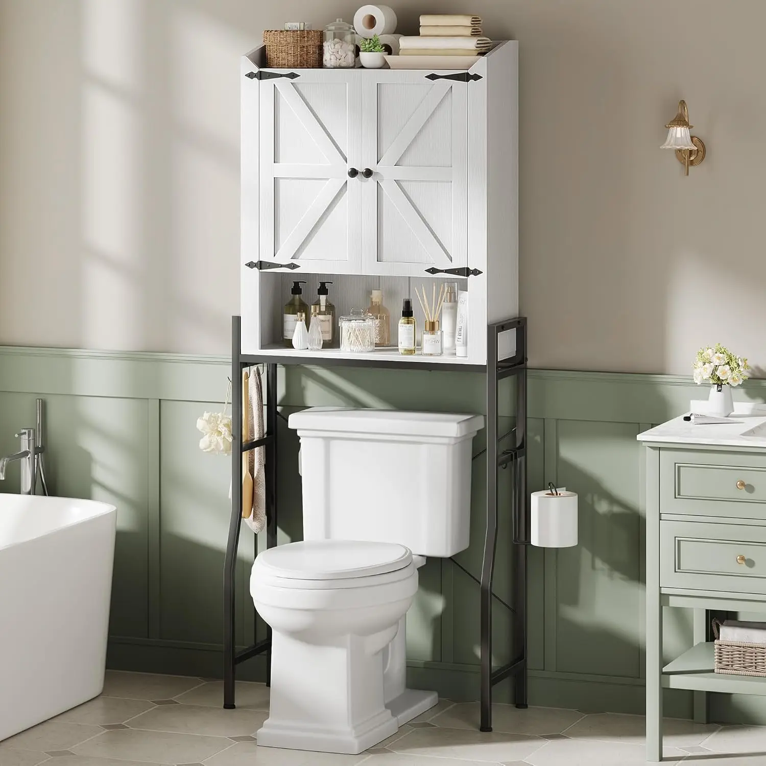 

Over The Toilet Storage Cabinet, Over Toilet Organizer with 2-Door & Metal Stand, Bathroom Organizers and Storage with