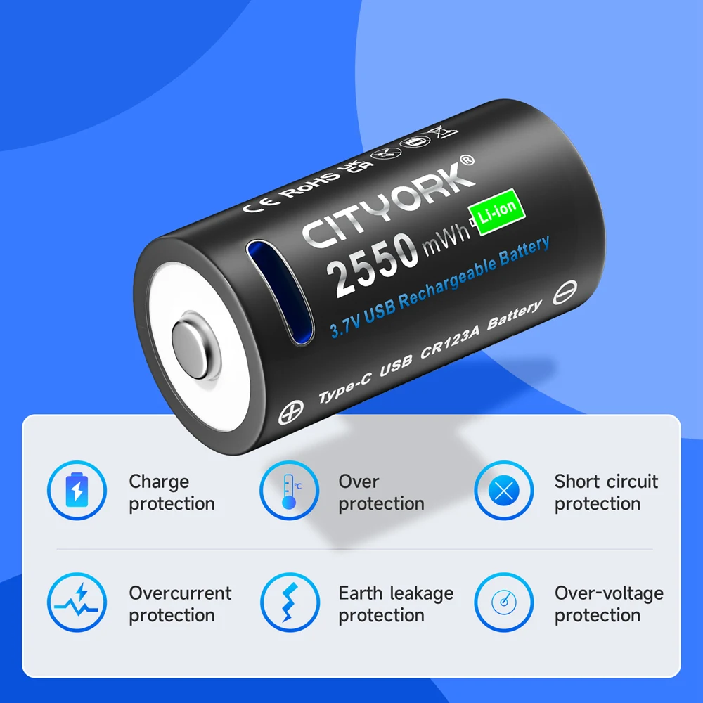 CITYORK 3.7V CR123 CR123A Rechargeable Battery Type-C USB Charging 100% Capacity 2550mWh RCR123 16340 16350 Li-ion Batteries