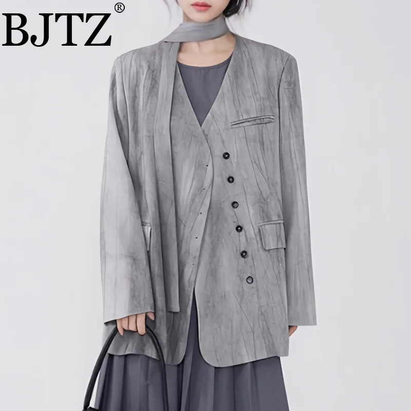 

BJTZ Design Sense Blurred V-neck Outerwear Blazer Jacket Women's Top 2025 Spring Summer New Loose Casual Lace-up Waist Coat