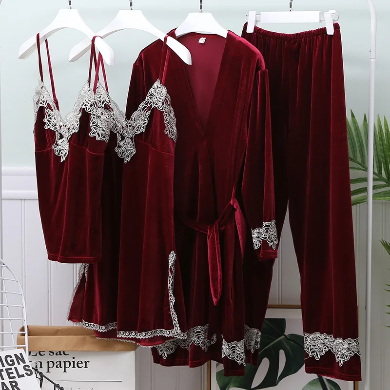 

Sexy Burgundy Velvet 4PCS Pajamas Set Sleepwear Autumn Female Bathrobe Nightgown Loose Casual Velour Lace Home Wear Pijamas