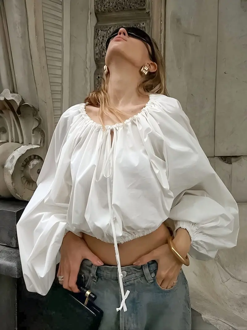 

CGCBAG 2025 новые модные блузки с длинными рукавами и фонариками, женские повседневные свободные полые рубашки, популярная корейская одежда, винтажные женские топы