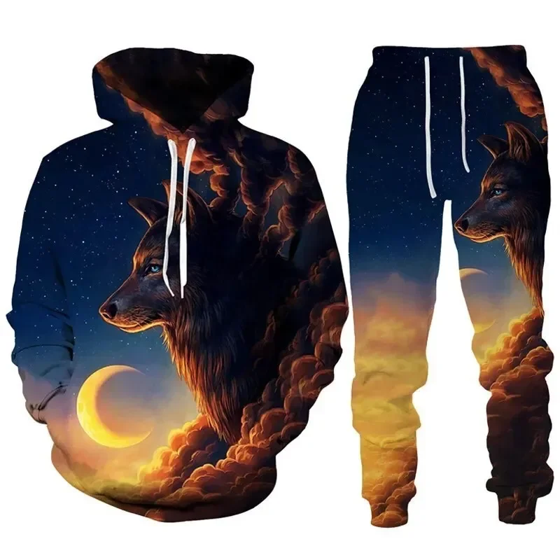 3D Print Hoodie Suit Man Annimal Dazzle Wolf Streetwear Hoodie And Pants 2pcs Sets Vintage Oversized Casual Pullover Hot-selling