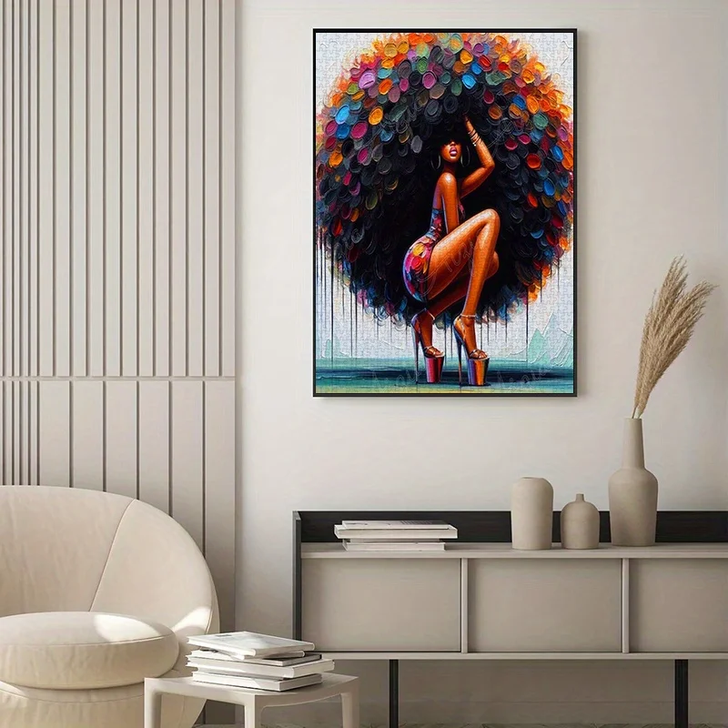 1000ピースのアフリカ系アメリカ人女性パズル、ふわふわの巻き毛とハイヒールをあしらった鮮やかな抽象画、高品質の厚紙素材