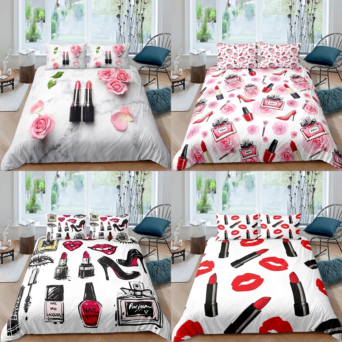 Home Textiles Luxury 3D Lipstick Duvet Cover Set Pillowcase Cosmetic Bedding Set Queen and King Size Comforter Bedding Set