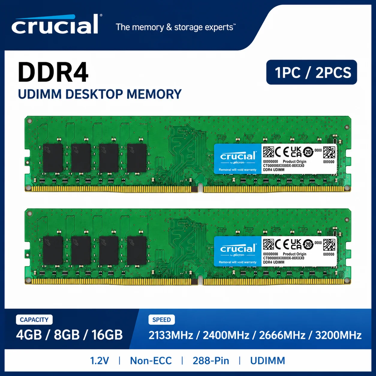 Crucial DDR4 DIMM RAM 4GB 8GB 16GB 32GB 2133MHz 2400MHz 2666MHz 3200MHz PC4 260Pin Memory Desktop RAM