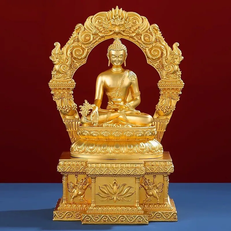 Brass small statue ornament, depicting Shakyamuni , Amitabha , and Medicine Buddha, in a Tibetan style with g