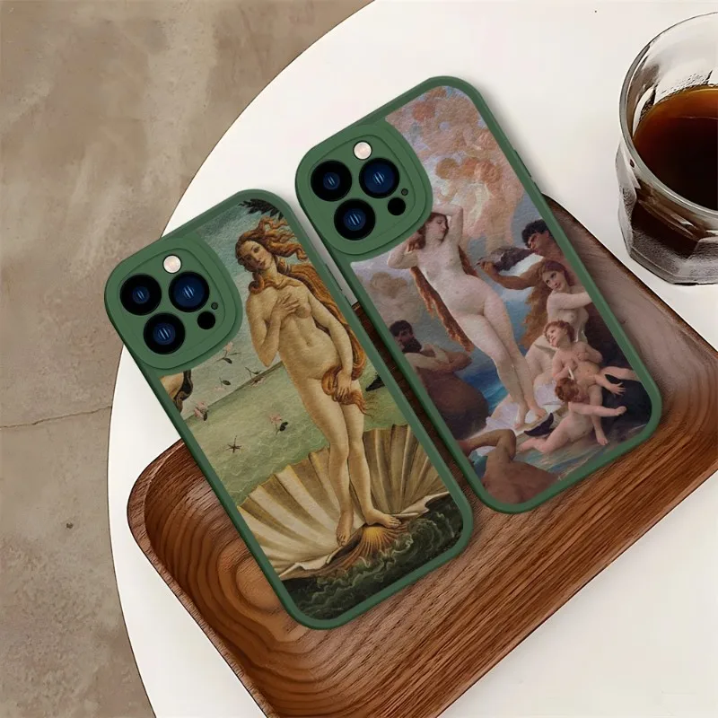 Art Painting The-Birth-Of-Venus Phone Case Green For IPhone 14 11 13 12 Pro Max Mini Xs X Xr 7 8 Plus SE2020 Leather Texture