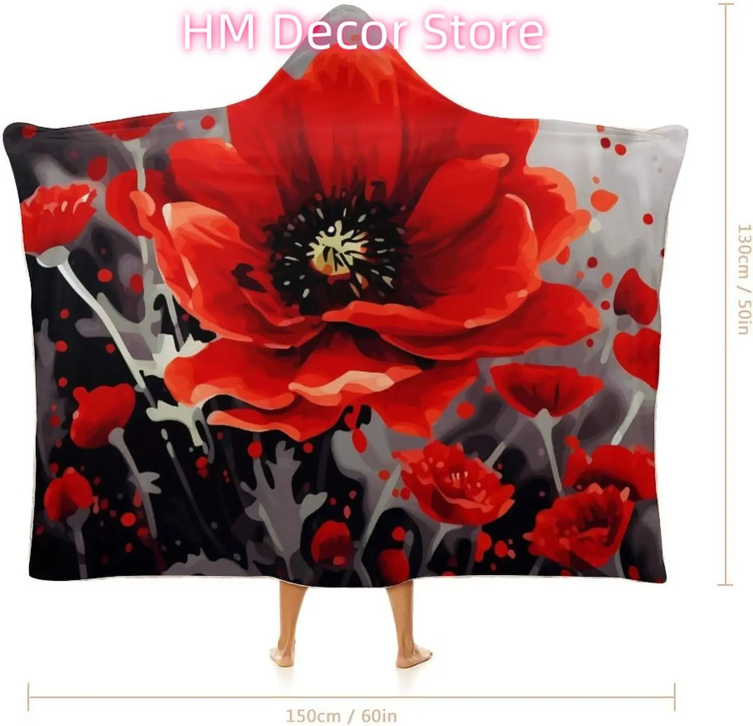 Dancing Red Flower Wearable Hooded Blanket, Ultra Soft Arctic Velvet Cape Cloak Unisex - Cozy Wearable Blanket