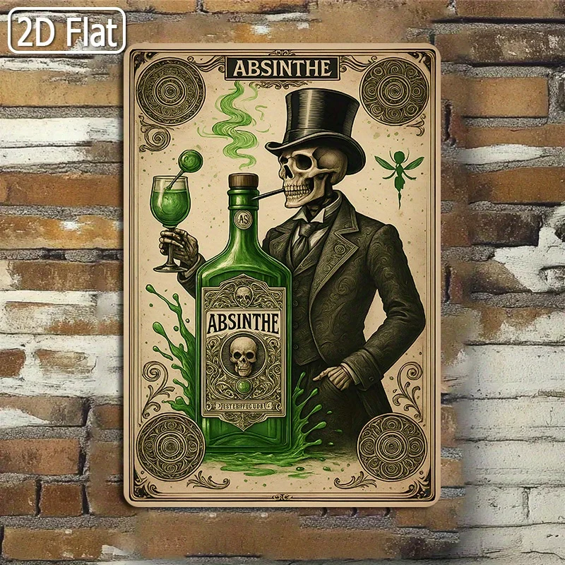 Absinthe Skeleton Halloween Tin Sign, Spooky Decorative Plaque - Skeleton with Absinthe - Edgy Wall Art for Halloween - for a Bo