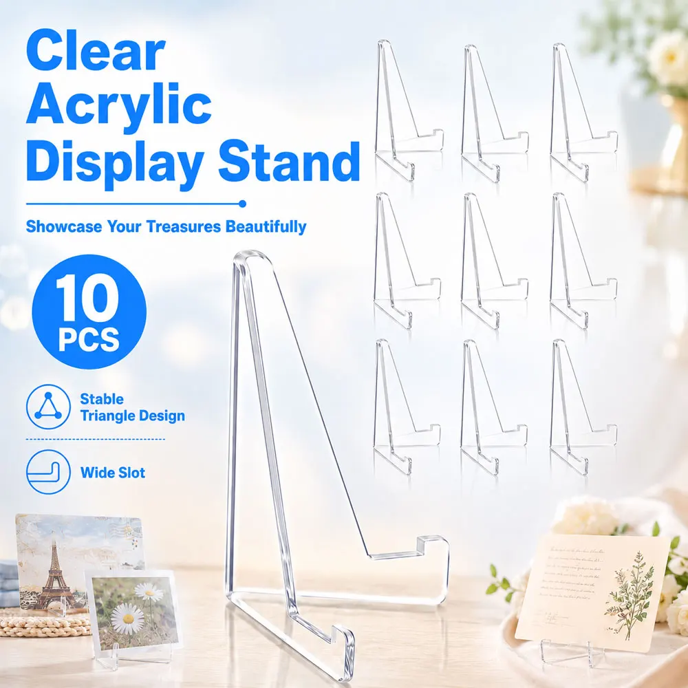 10Pcs Clear Acrylic Stands, Desktop Display Stands, Triangle Design, Suitable for Displaying Cards, Photos and Postcards.