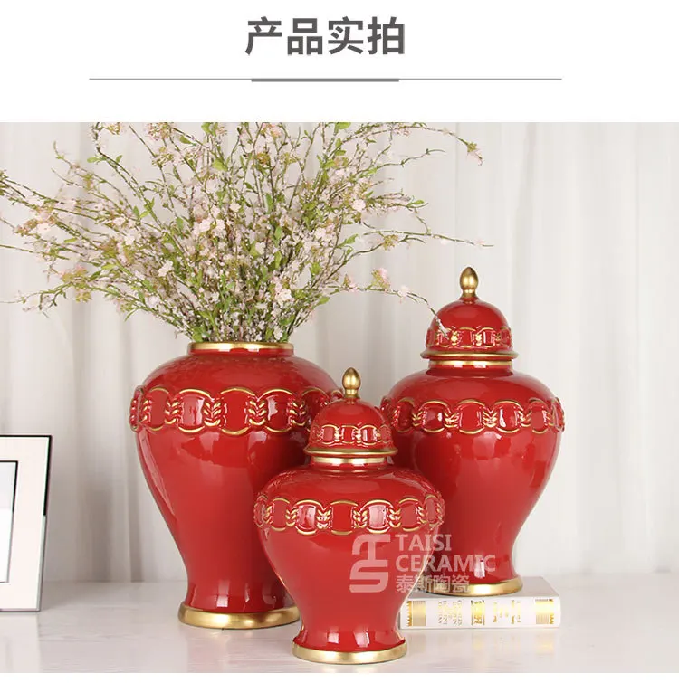 Red Ceramic General Jar Vintage Ginger Jar Porcelain Handicrafts