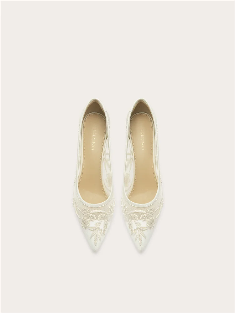 Spring and summer pointed shallow mouth embroidered pearl wedding shoes banquet big size small size slim high-heeled women shoes view 4