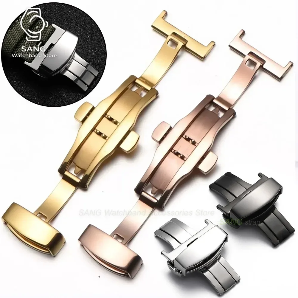 14/16/18/20/22mm Butterfly Buckle Polished Matte Double Button Watchband Buckles Stainless Steel Wrist Strap Clasp Accessories ﻿