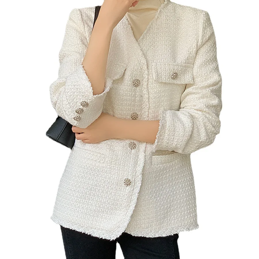 

Women's white long sleeved tweed jacket, spring and autumn 2024 tassel style V-neck top