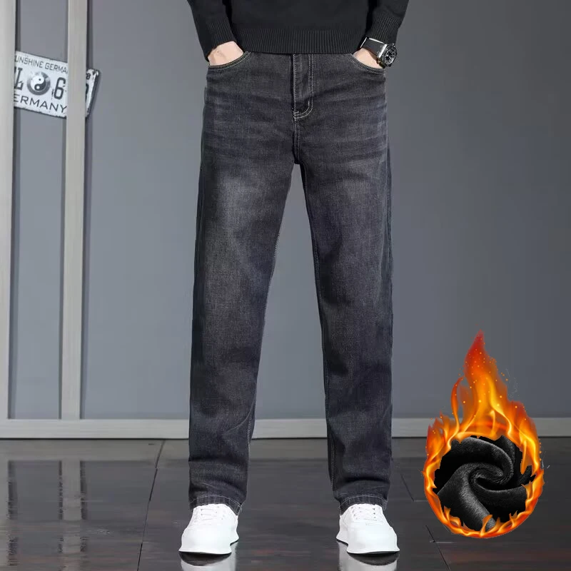2026 Winter New Fleece Windproof Jeans Men Baggy Stretch Casual Trousers Male High Quality Versatile Thickened Warm Denim Pants