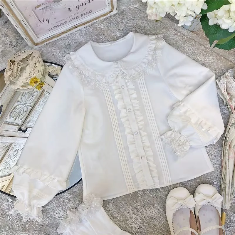 

Lolita Style Sweet Blouses Women's Clothing Long Sleeve Peter Pan Collar Loose Shirts Ruffles White Blouse Tops Camisas De Mujer