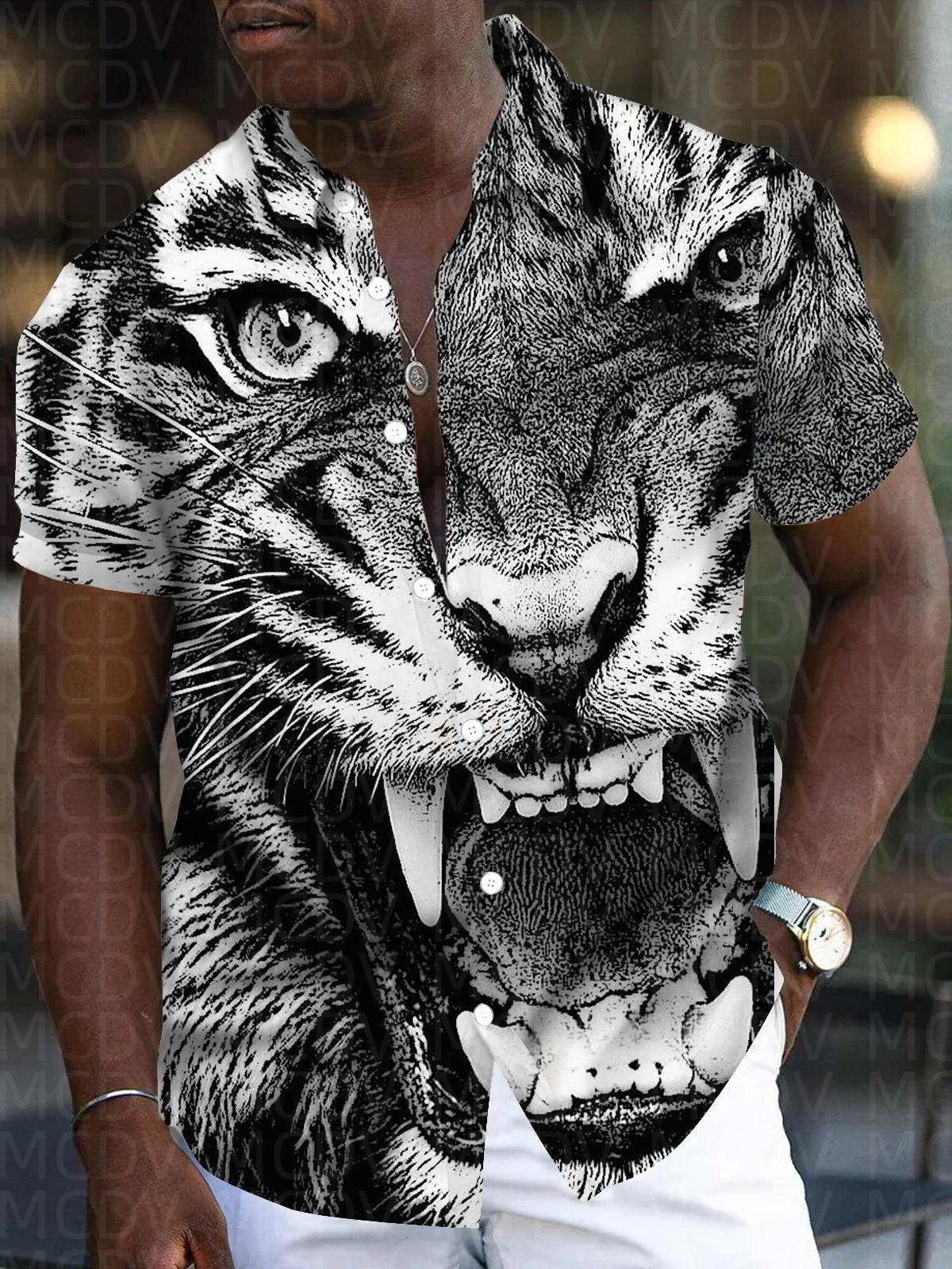 Tiger Pattern Men's Hawaiian Shirt Stretch Easy Care Camp Shirt Big Tall