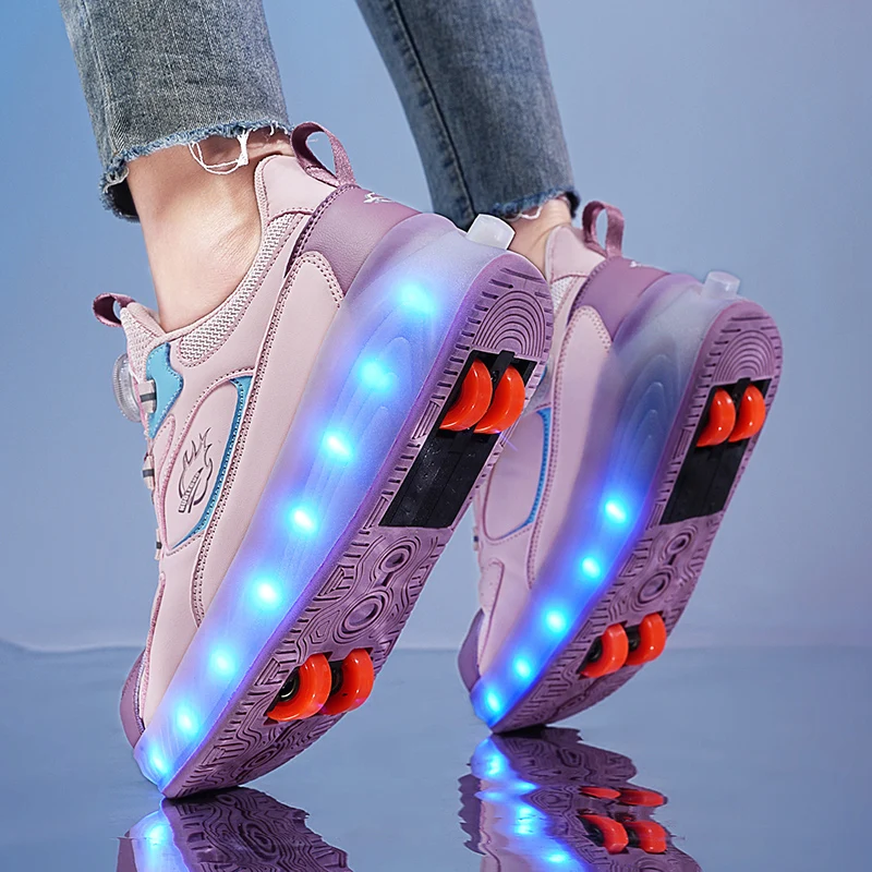 2 en 1 adultes enfants garçons filles 4 roues rechargeables lumière LED déformation coup de pied chaussures de patin à roulettes