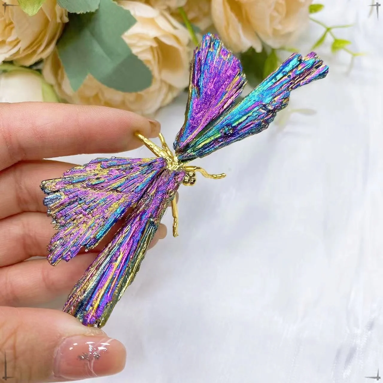 Natural Colorful Tourmaline Electroplanted Crystal Butterfly Dragonfly Spar Crafts Reiki Healing Home Desktop Decoration Gift
