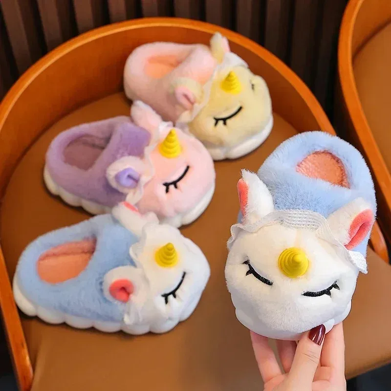 New Winter Kids Plush Slippers Cartoon Unicorn Children\'s Indoor Slides Non-Slip Soft Mule Girls Boys Warm House Cotton Shoes