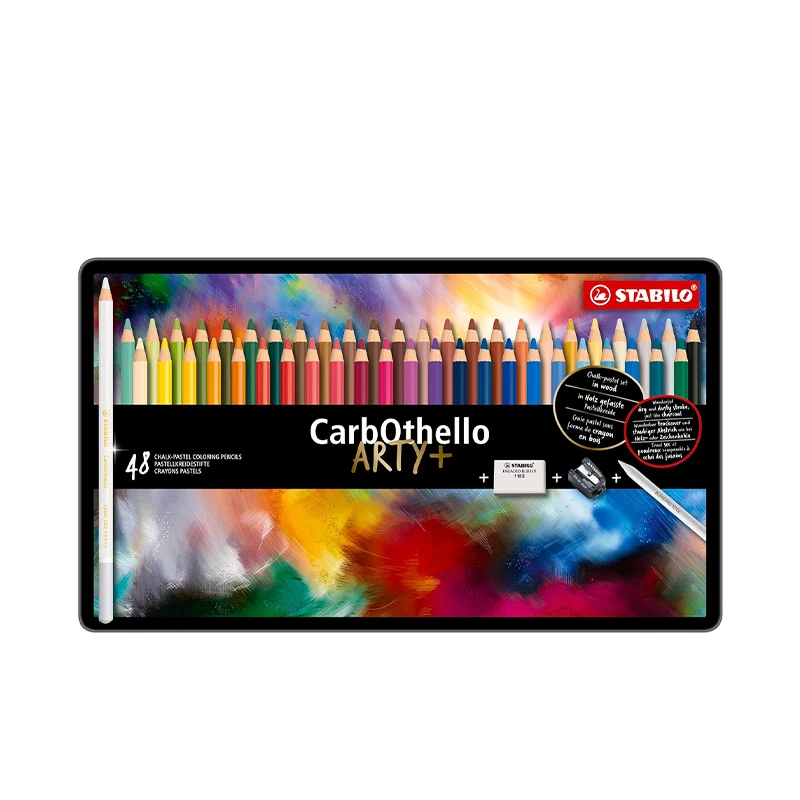 Chalk-Pastel Pencil -STABILO CarbOthello -Tin of 48 - Assorted Colors with Sharpener and Eraser,Multicolor,48 Count (Pack of 1)