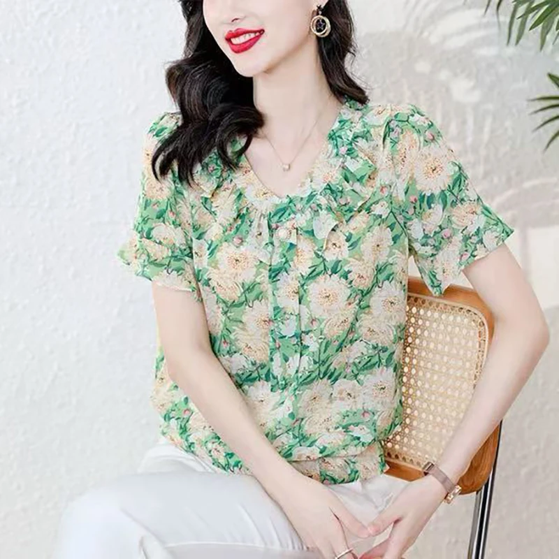 بلوزات شيفون أنيقة مطبوعة برقبة على شكل حرف v ملابس نسائية لصيف 2025 قمصان علوية أنيقة فضفاضة جديدة للمكتب للسيدات #2