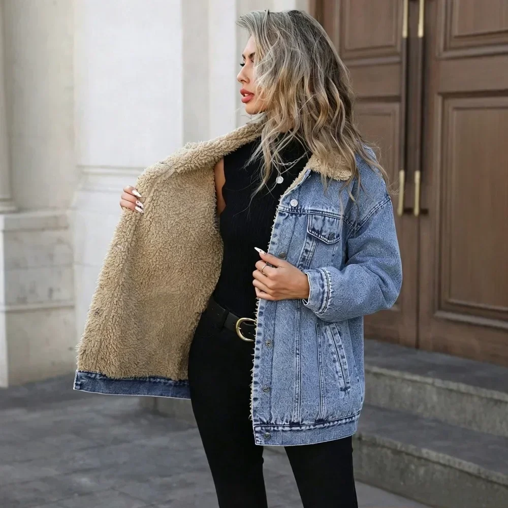 Women Loose Fleece Lined Denim Jacket Warm Oversized Fit Casual Daily Office Work Resort Wear Minimalist Chic Ladies Outerwear
