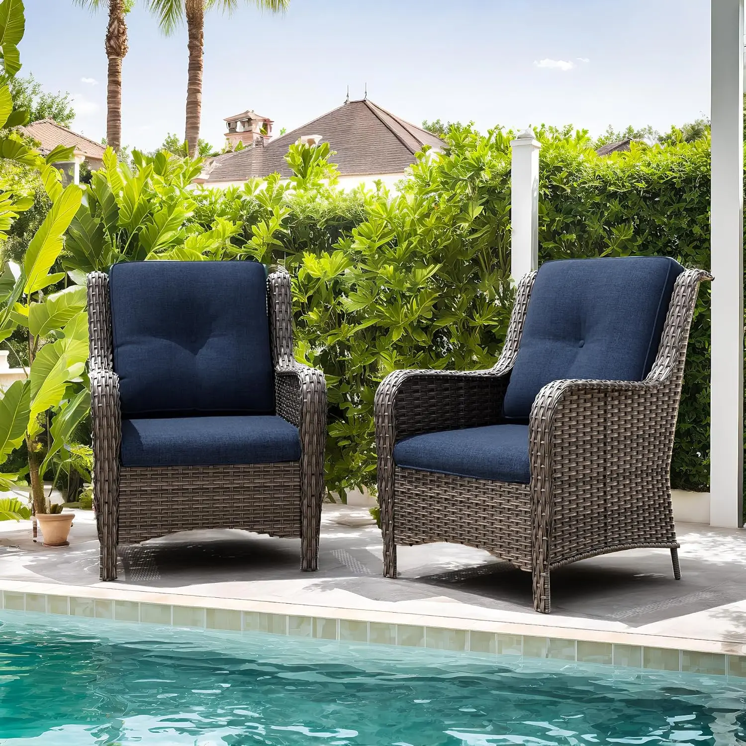 Outdoor Wicker Chair Rattan Patio Dining Chairs Set of 2 PE Wicker Patio Chairs with 4inch Seat Cushions Outdoor Patio Seating