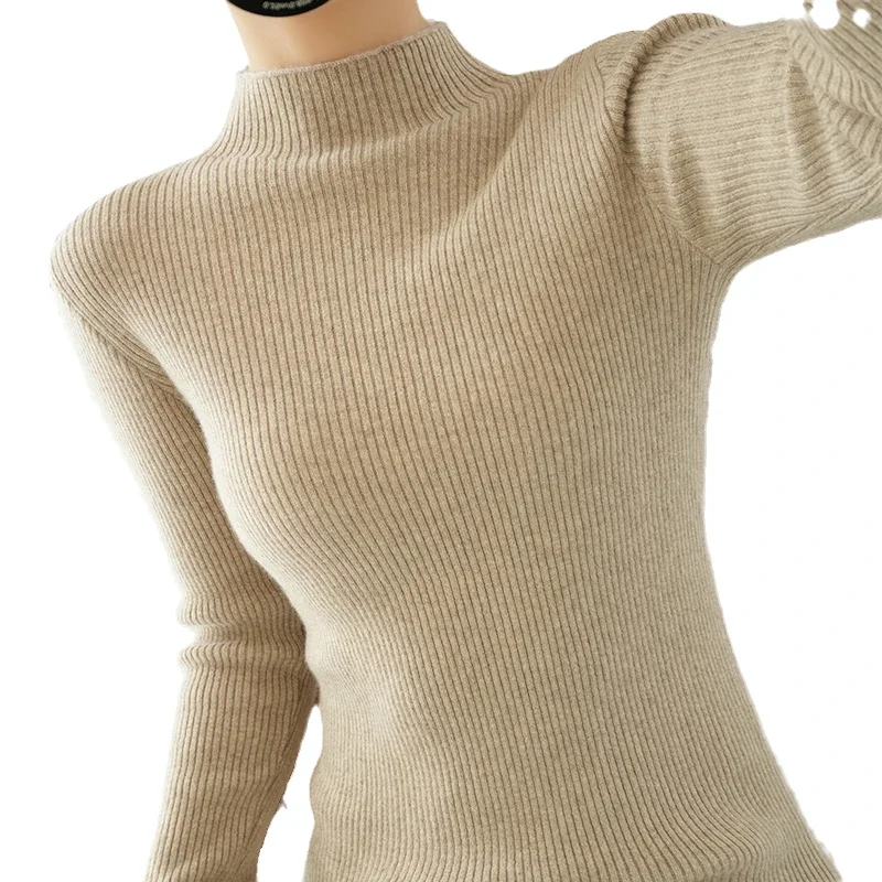 2024 Autumn Winter Thick Warm Sweater Women Slim Fit Half High Collar Sweater Korean Solid Green Casual Basic Pullover Knitwear