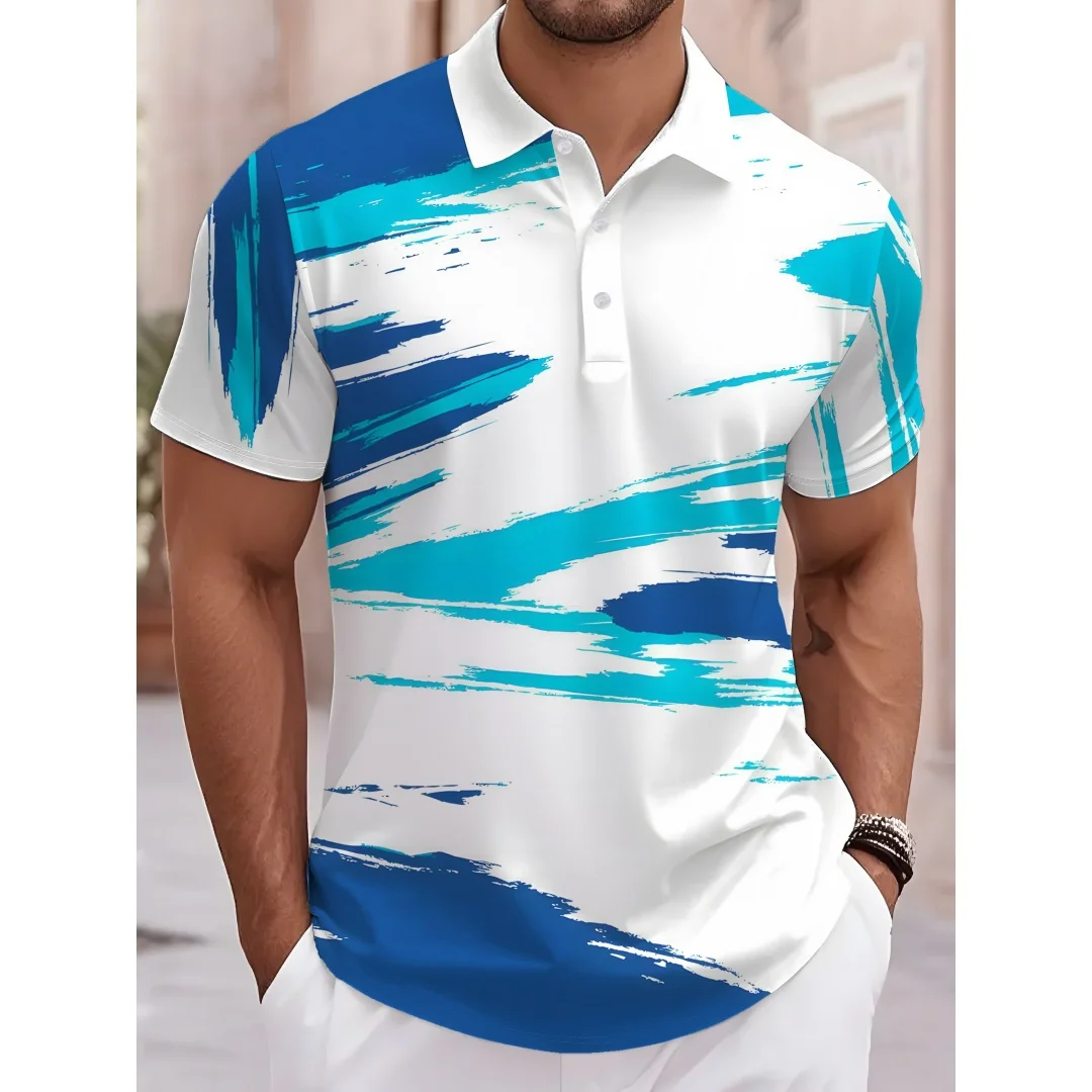 

Мужская сине-белая футболка-поло с граффити, летняя повседневная, с коротким рукавом, с градиентным принтом в стиле «чернила», модная, быстросохнущая