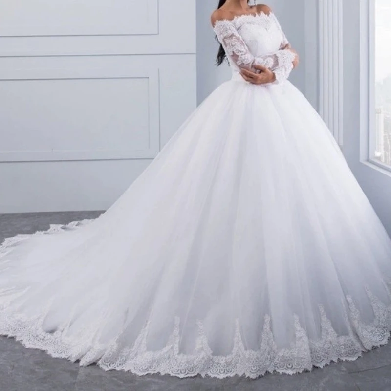 Elegant Arabic Long Sleeve Wedding Dresses Ball Gown Off Shoulder Lace Tulle Bridal Gown hochzeitskleid vestidos de boda 2024