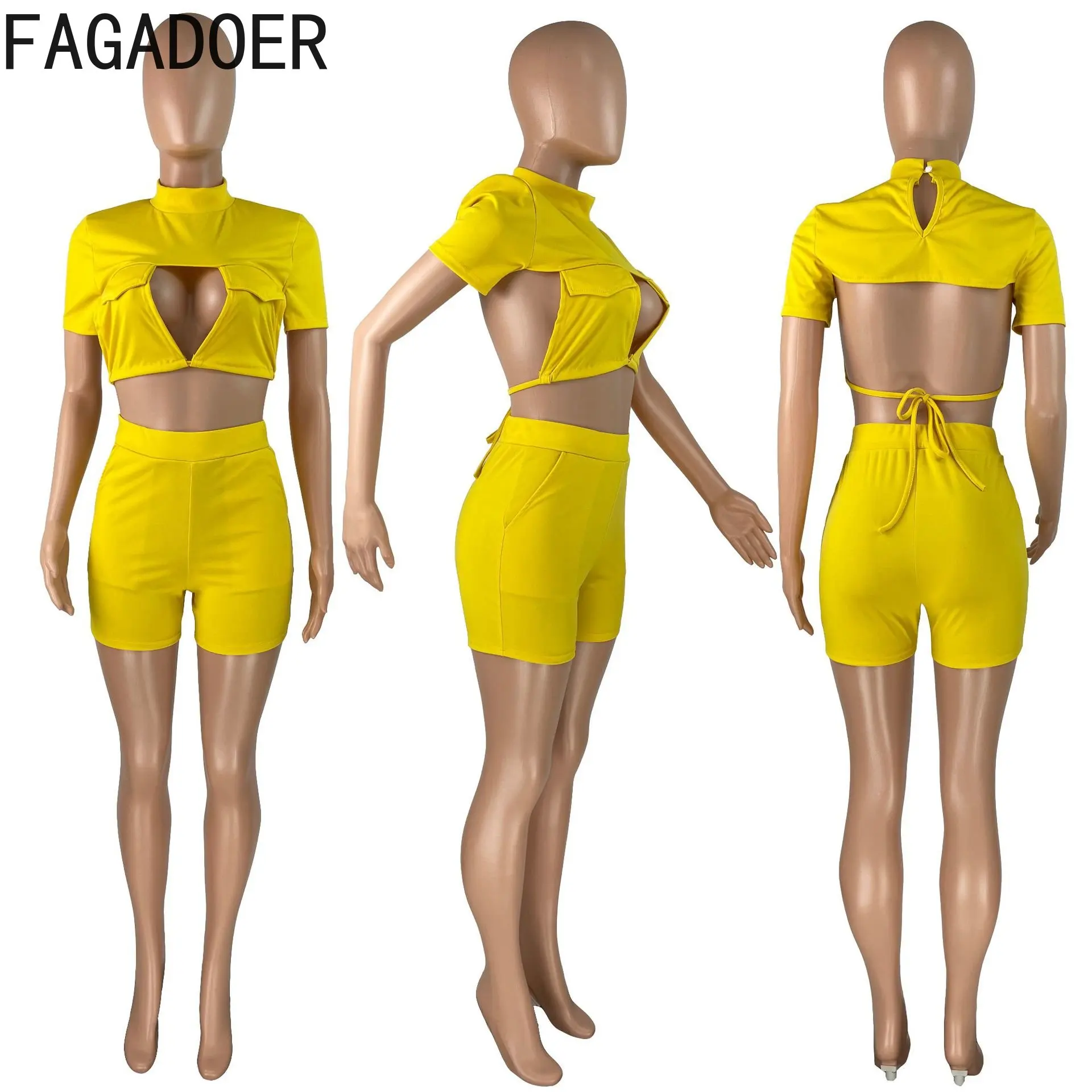 Fagadoer Zwart Sexy Holle Rugloze Tweedelige Sets Dames Crop Top Met Ronde Hals En Korte Broek, Zomerse Nachtclubkleding