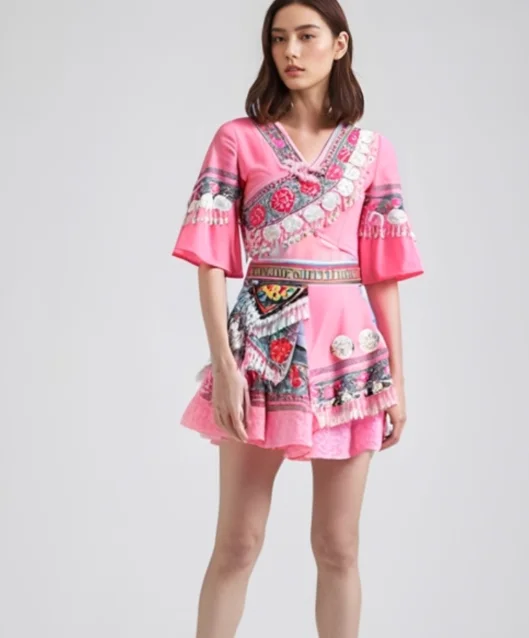 

Китайское танцевальное платье Мяо Hmongb, розовый костюм, женский народный костюм