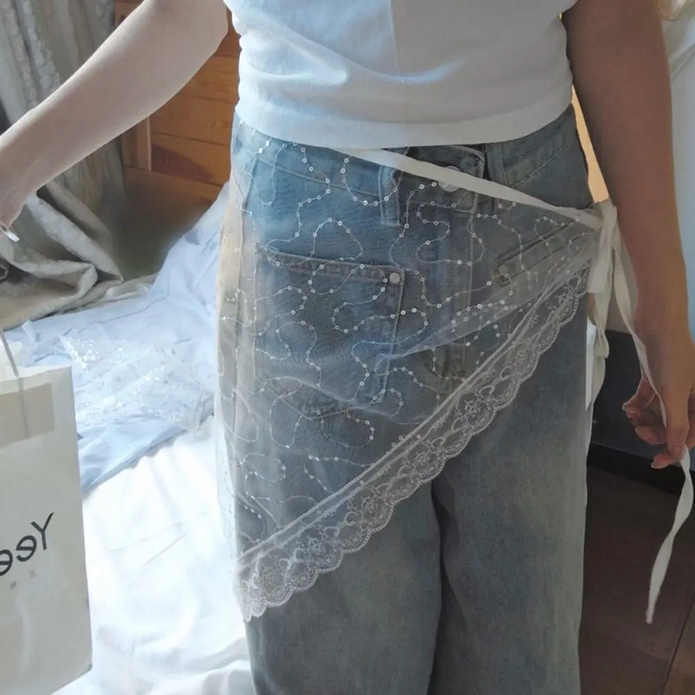 فريد الكورية نمط الدانتيل تنورة صغيرة مثلث رقيقة الترتر نصف تنورة Cummerbund فستان من الشاش حزام البنطال الجينز أبلى