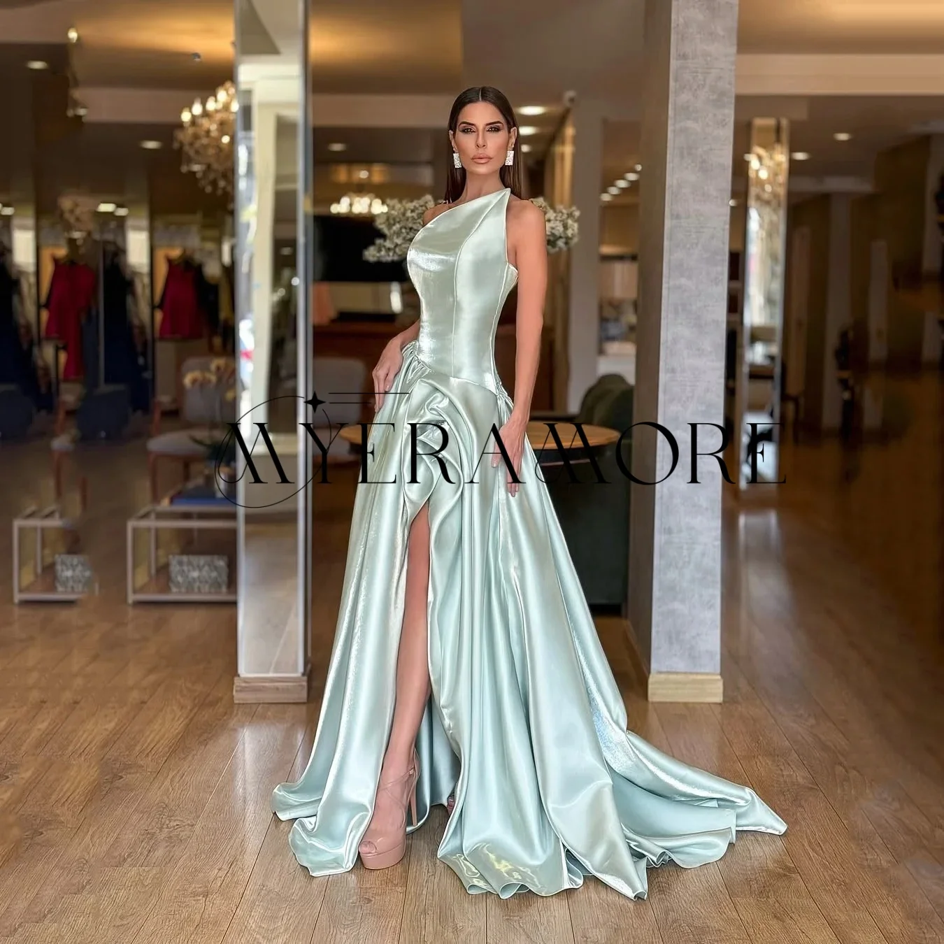 One-Shoulder Backless Evening Dresses A-Line Ruffle Side Slit Floor-Lenght Prom Dresses Customized robes de soirée