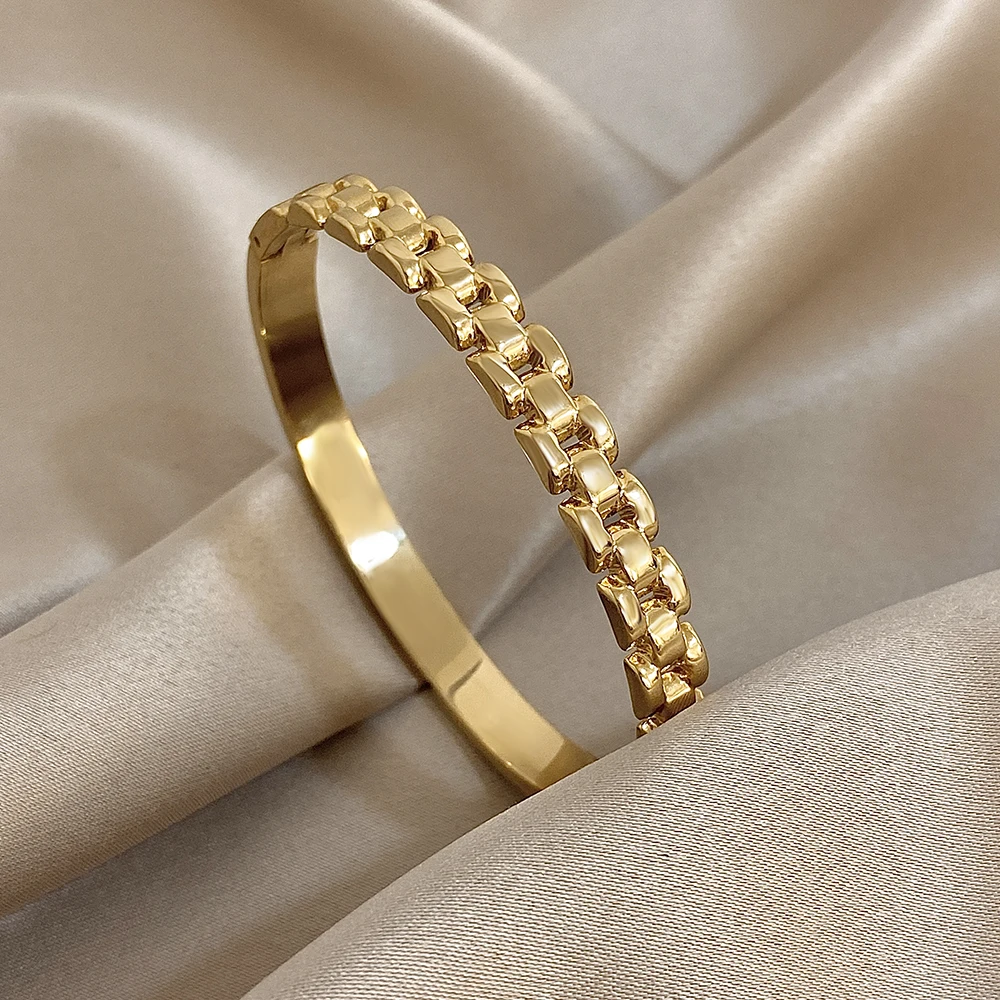 Freetry موضة الفولاذ المقاوم للصدأ سلسلة الإسورة سوار للنساء مقاوم للماء الذهب اللون غير النظامية المفتوحة الربيع الإسورة مجوهرات اليد