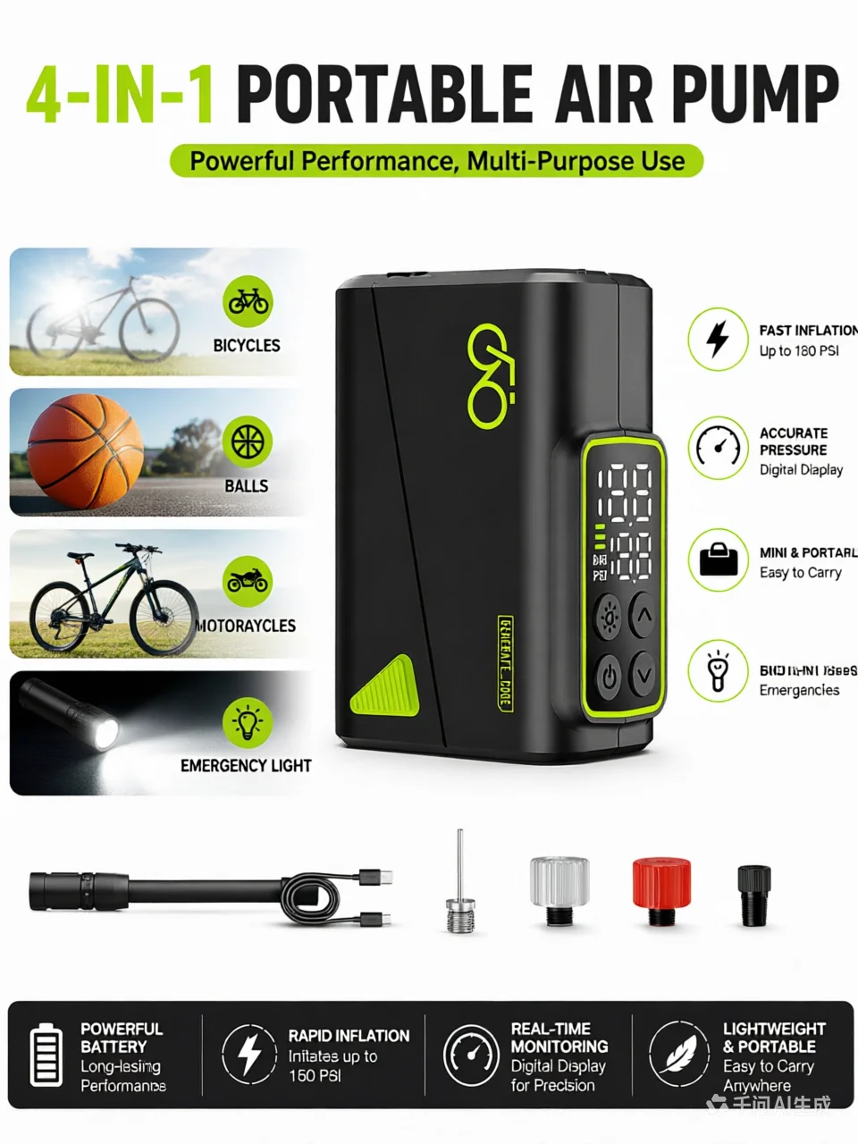 AliExpress NONE Electric Bike Pump, Fast-Inflation Mini Tire Inflator 150PSI with Gauge, Brushless Motor Rechargeable Cordless Air Pump