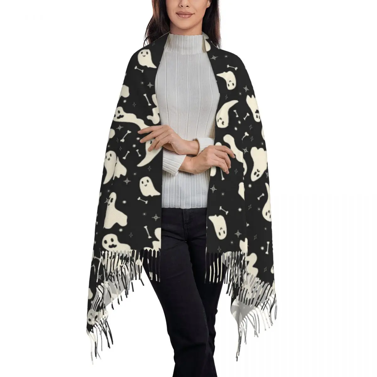 Spooky Ghost Halloween Cartoon Pattern Scarf Tassel Scarves Women Soft Warm Shawls and Wraps Large Fall Winter Shawl Wrap