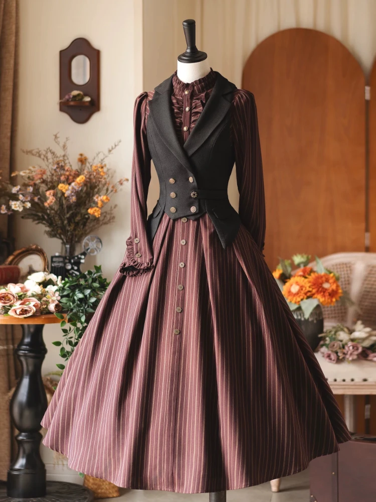 

Forest Castle - Classic Lolita Long Striped Dress, Irregular Hem Vest by Forest Wardrobe